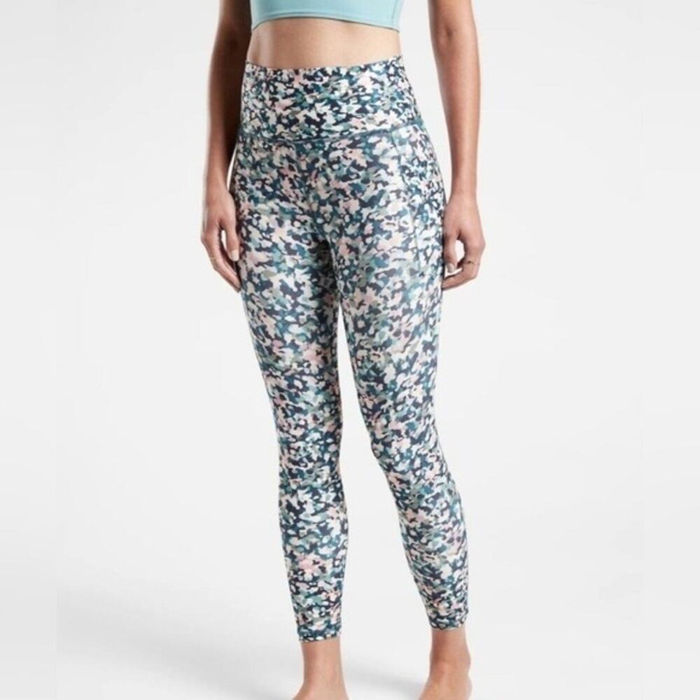 Athleta Printed High-Rise Ankle Leggings in Teal, Navy & Pink